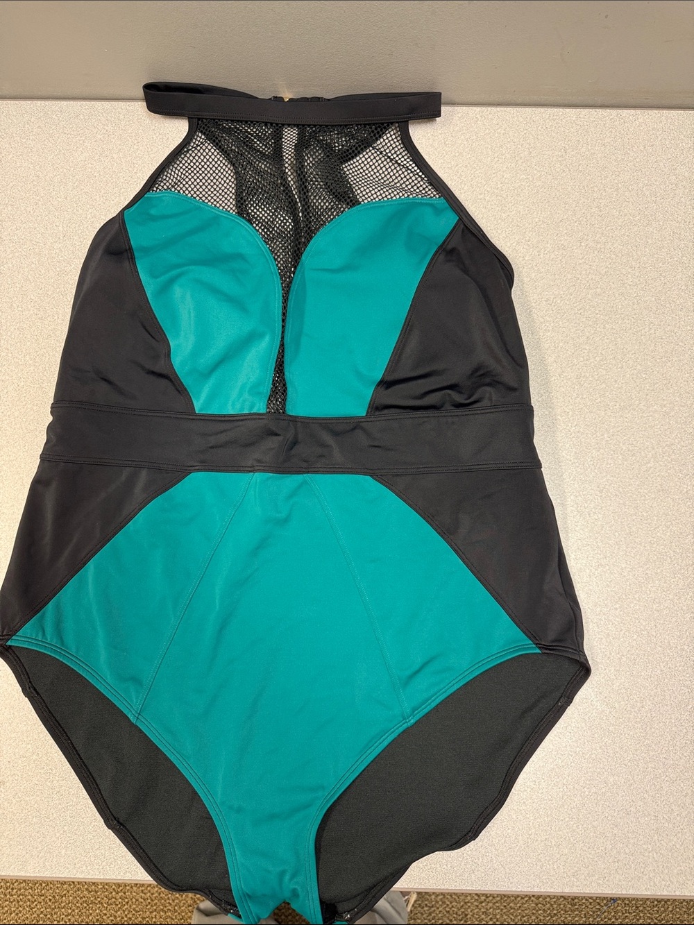 Adore Me Teal & Black High Neck Mesh One Piece Swimsuit